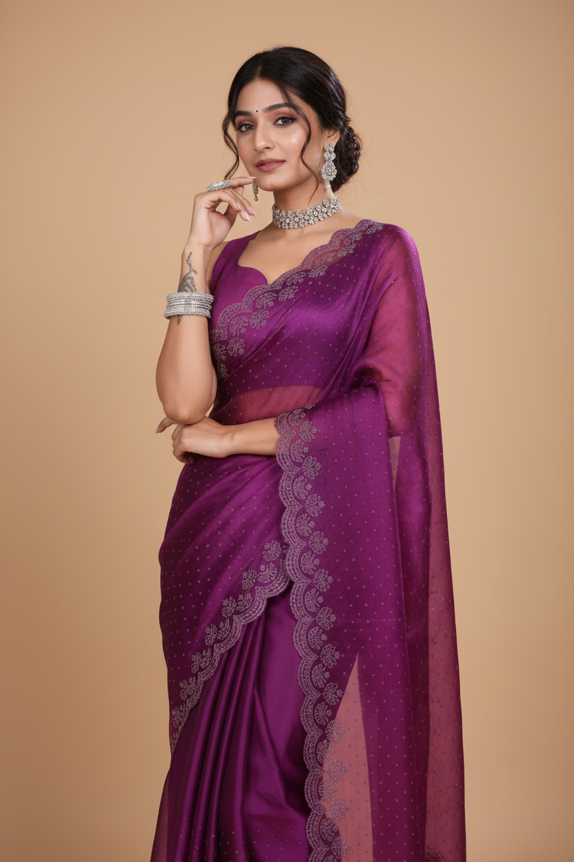 Snuggle Spot Women's Tissue Pure Silk Embellished Bollywood Saree With Unstitched Blouse 5.5Mtr (Purple)