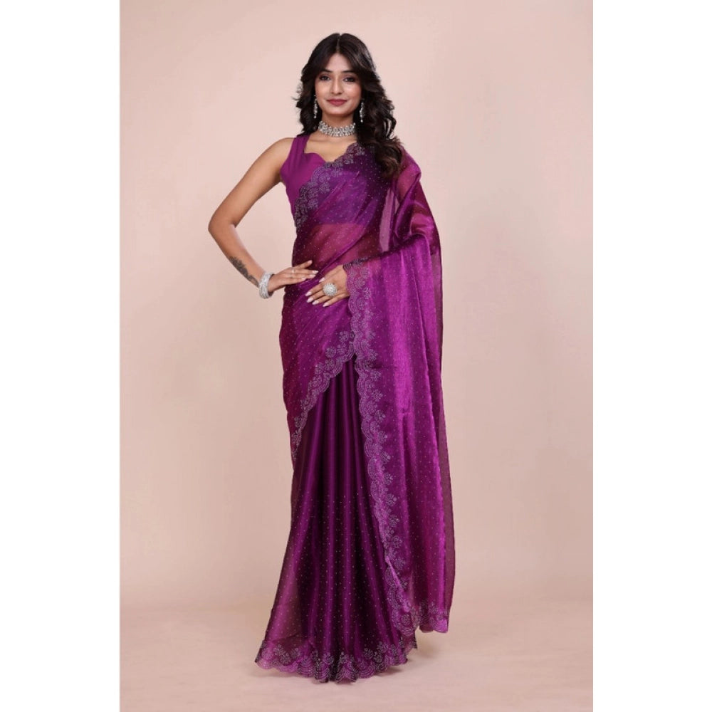 Snuggle Spot Women's Tissue Pure Silk Embellished Bollywood Saree With Unstitched Blouse 5.5Mtr (Purple)