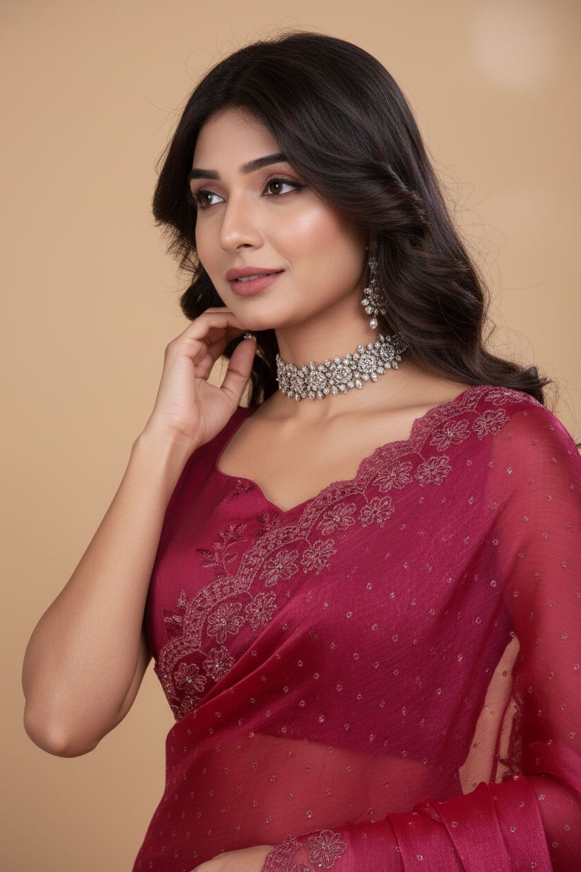 Snuggle Spot Women's Jimmy choo Embellished Bollywood Saree With Unstitched Blouse 5.5Mtr (Red)