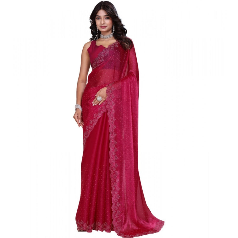 Snuggle Spot Women's Jimmy choo Embellished Bollywood Saree With Unstitched Blouse 5.5Mtr (Red)