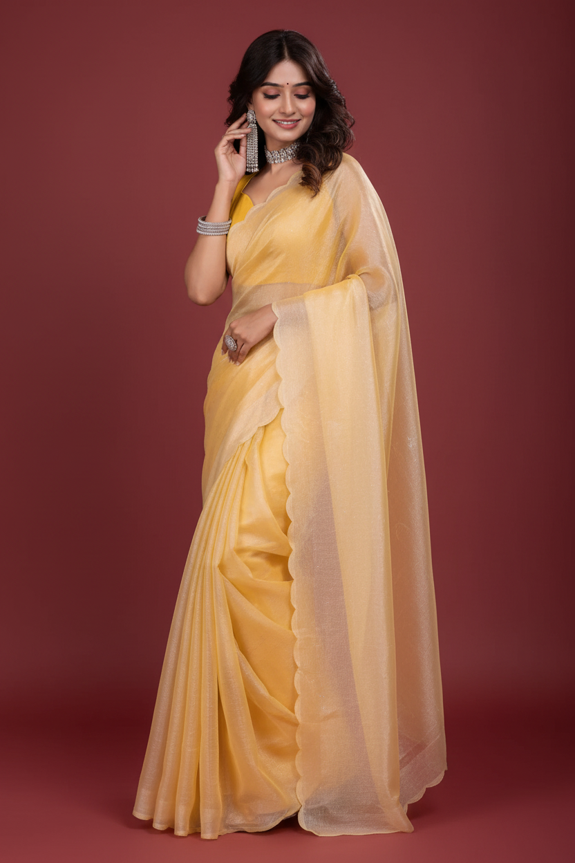 Snuggle Spot Women's Tissue Pure Silk Embellished Bollywood Saree With Unstitched Blouse 5.5Mtr (Yellow)