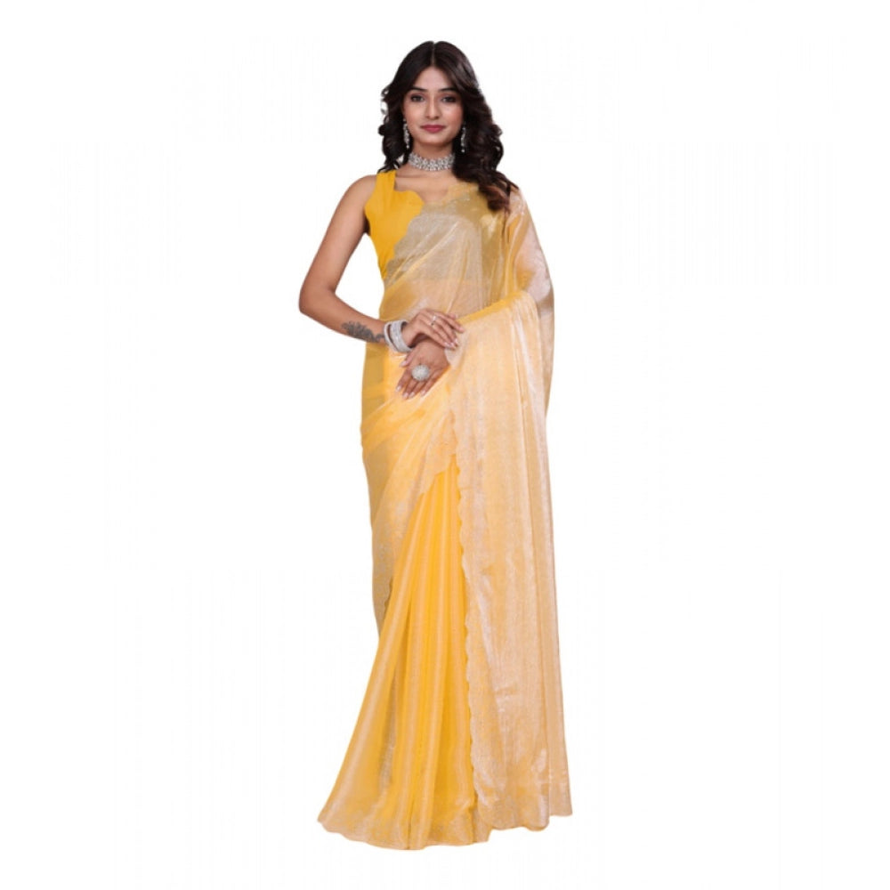 Snuggle Spot Women's Tissue Pure Silk Embellished Bollywood Saree With Unstitched Blouse 5.5Mtr (Yellow)