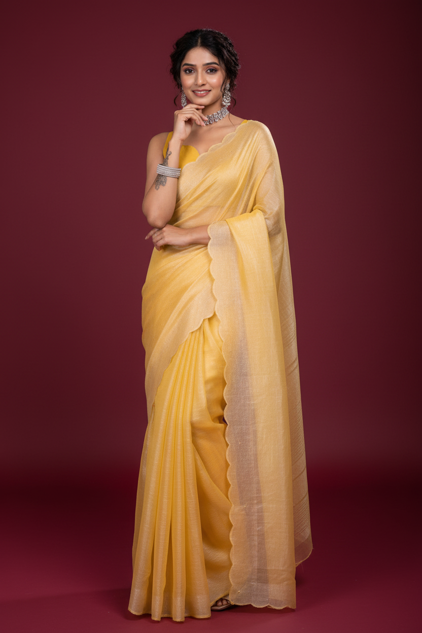 Snuggle Spot Women's Tissue Pure Silk Embellished Bollywood Saree With Unstitched Blouse 5.5Mtr (Yellow)