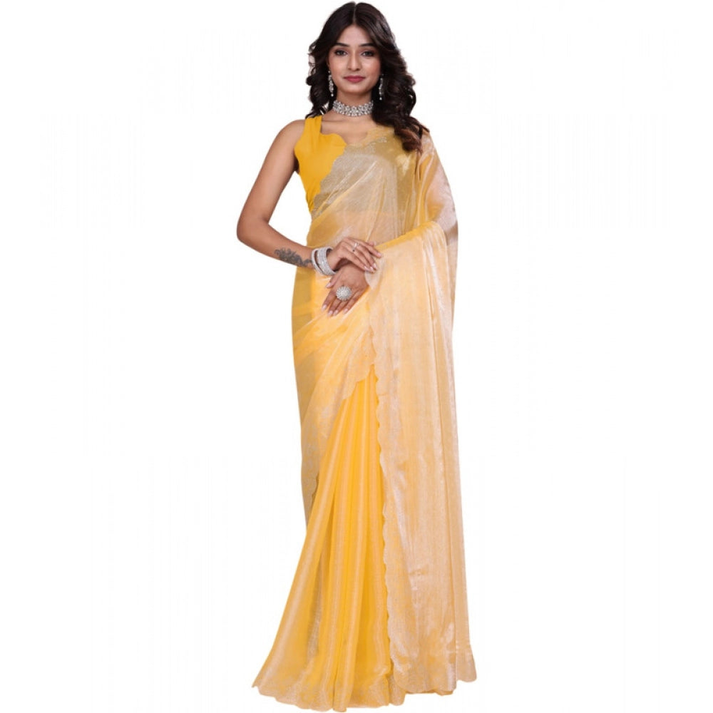 Snuggle Spot Women's Tissue Pure Silk Embellished Bollywood Saree With Unstitched Blouse 5.5Mtr (Yellow)