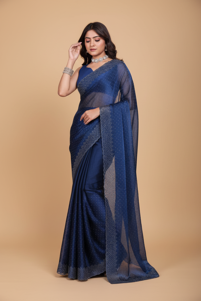 Snuggle Spot Women's Jimmy choo Embellished Bollywood Saree With Unstitched Blouse 5.5Mtr (Blue)
