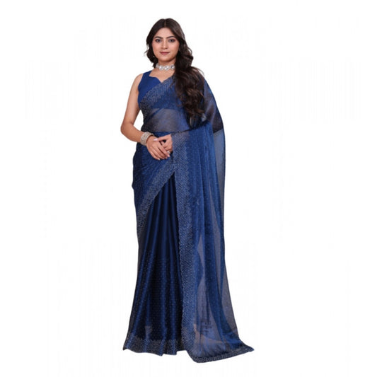 Snuggle Spot Women's Jimmy choo Embellished Bollywood Saree With Unstitched Blouse 5.5Mtr (Blue)
