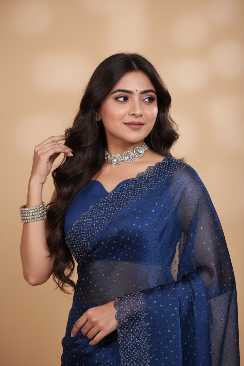 Snuggle Spot Women's Jimmy choo Embellished Bollywood Saree With Unstitched Blouse 5.5Mtr (Blue)