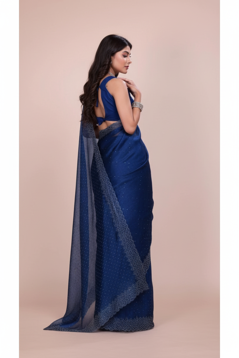 Snuggle Spot Women's Jimmy choo Embellished Bollywood Saree With Unstitched Blouse 5.5Mtr (Blue)