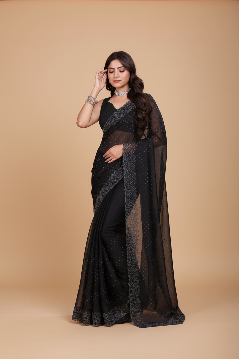 Snuggle Spot Women's Jimmy choo Embellished Bollywood Saree With Unstitched Blouse 5.5Mtr (Black)