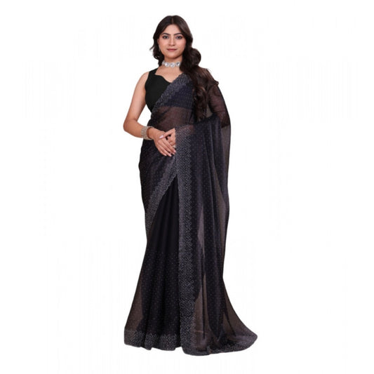 Snuggle Spot Women's Jimmy choo Embellished Bollywood Saree With Unstitched Blouse 5.5Mtr (Black)