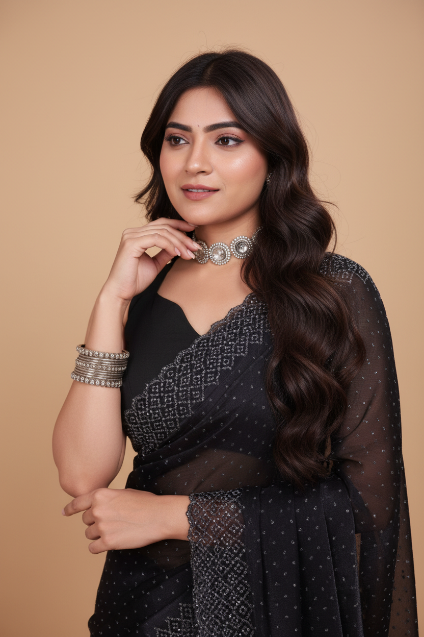 Snuggle Spot Women's Jimmy choo Embellished Bollywood Saree With Unstitched Blouse 5.5Mtr (Black)