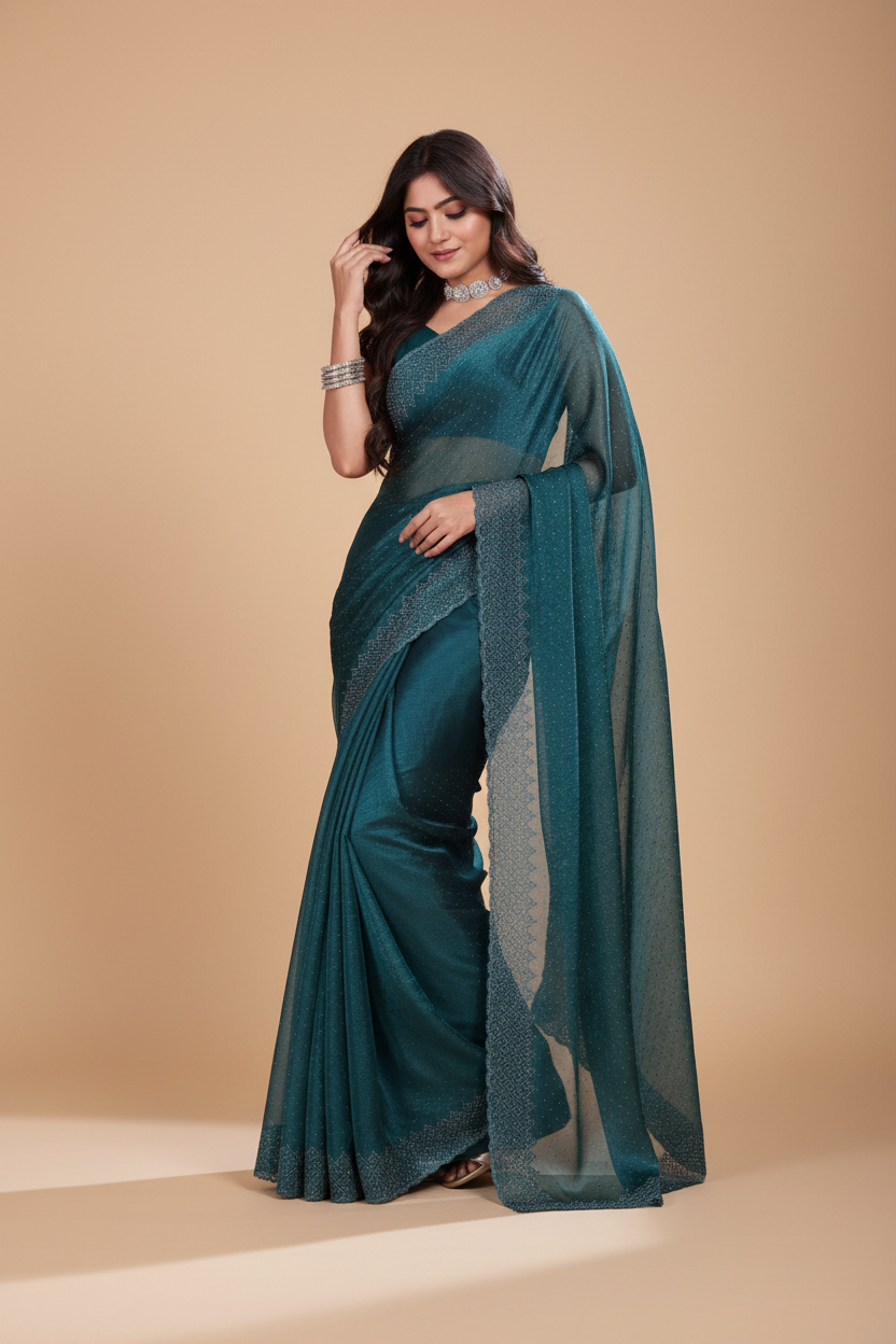 Snuggle Spot Women's Jimmy choo Embellished Bollywood Saree With Unstitched Blouse 5.5Mtr (Green)