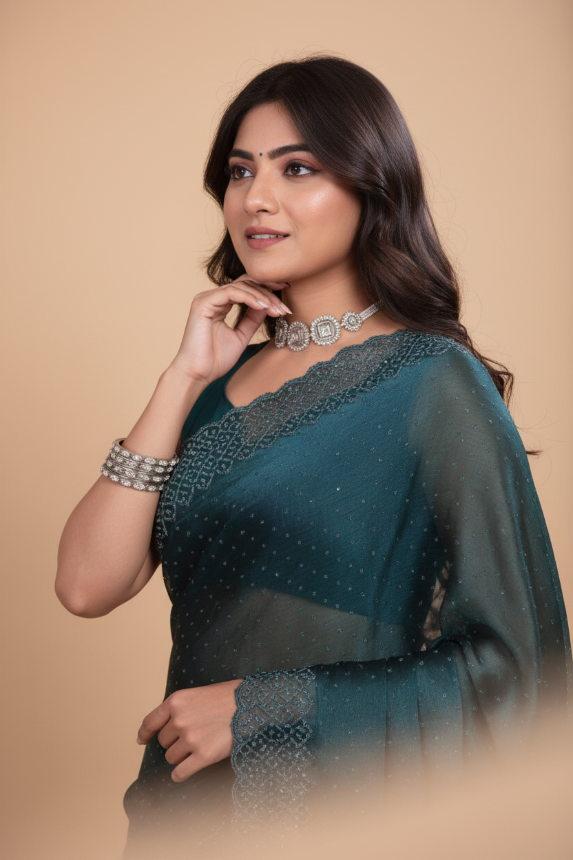 Snuggle Spot Women's Jimmy choo Embellished Bollywood Saree With Unstitched Blouse 5.5Mtr (Green)