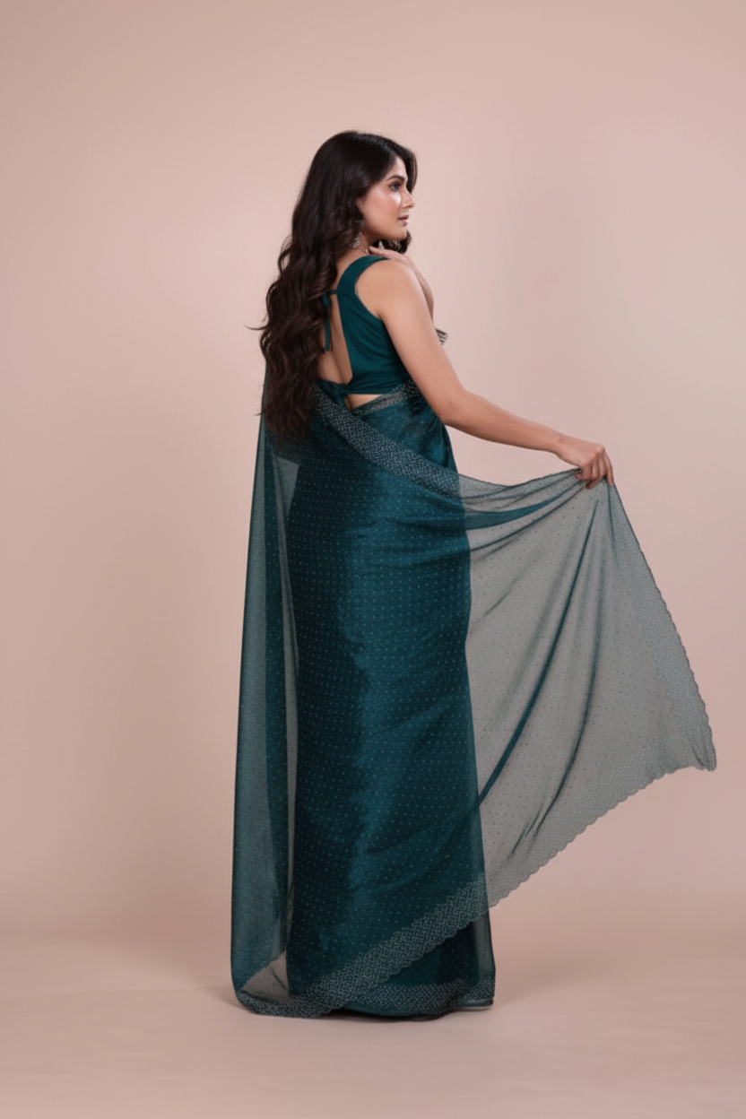 Snuggle Spot Women's Jimmy choo Embellished Bollywood Saree With Unstitched Blouse 5.5Mtr (Green)