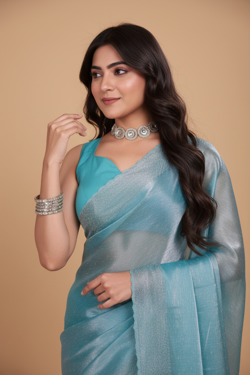 Snuggle Spot Women's Jimmy choo Embellished Bollywood Saree With Unstitched Blouse 5.5Mtr (Light Blue)