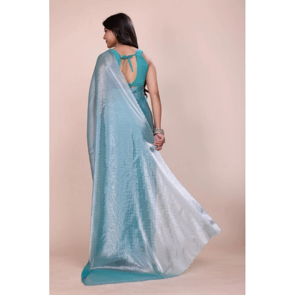Snuggle Spot Women's Jimmy choo Embellished Bollywood Saree With Unstitched Blouse 5.5Mtr (Light Blue)
