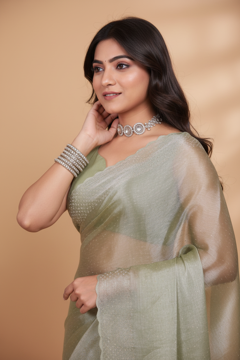 Snuggle Spot Women's Jimmy choo Embellished Bollywood Saree With Unstitched Blouse 5.5Mtr (Light Green)