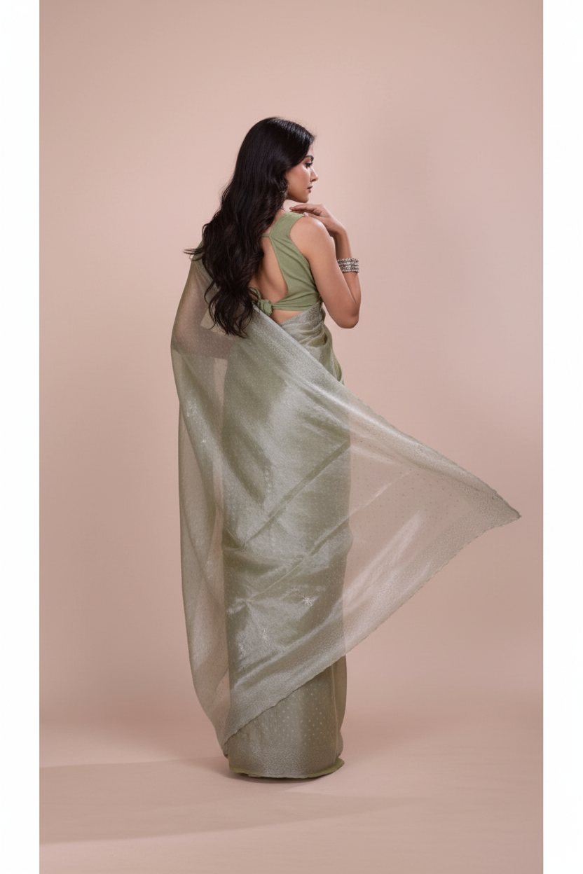 Snuggle Spot Women's Jimmy choo Embellished Bollywood Saree With Unstitched Blouse 5.5Mtr (Light Green)
