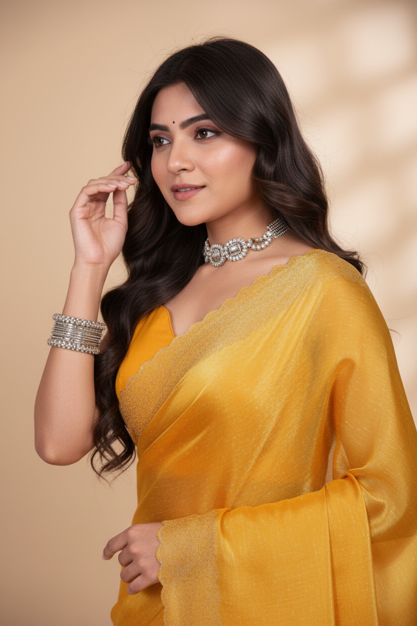 Snuggle Spot Women's Jimmy choo Embellished Bollywood Saree With Unstitched Blouse 5.5Mtr (Mustard)