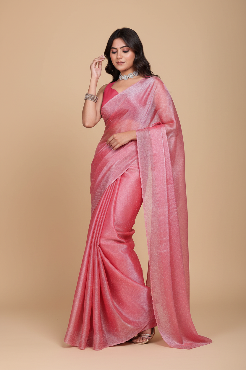 Snuggle Spot Women's Jimmy choo Embellished Bollywood Saree With Unstitched Blouse 5.5Mtr (Pink)