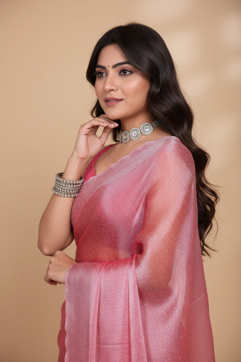 Snuggle Spot Women's Jimmy choo Embellished Bollywood Saree With Unstitched Blouse 5.5Mtr (Pink)