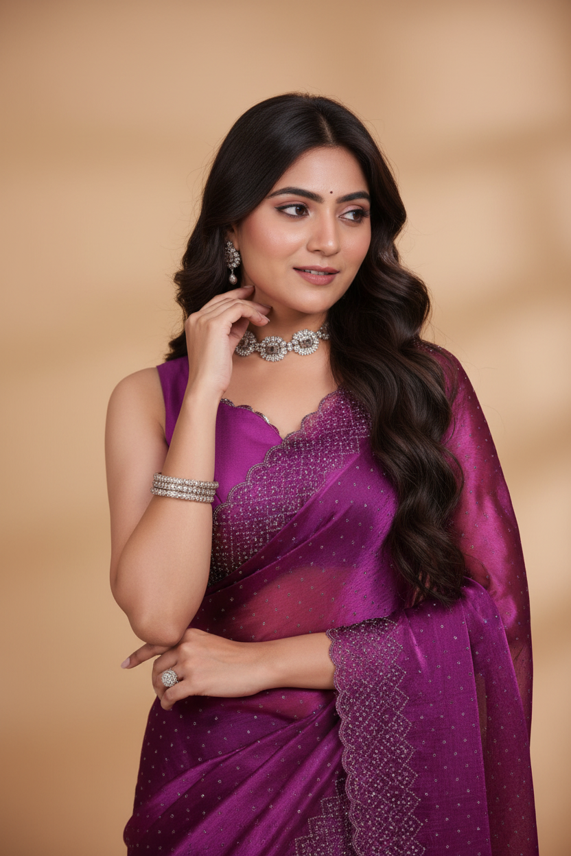 Snuggle Spot Women's Jimmy choo Embellished Bollywood Saree With Unstitched Blouse 5.5Mtr (Purple)
