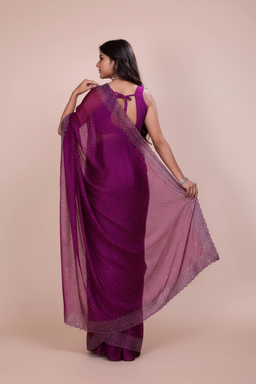 Snuggle Spot Women's Jimmy choo Embellished Bollywood Saree With Unstitched Blouse 5.5Mtr (Purple)