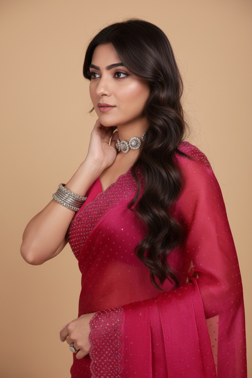 Snuggle Spot Women's Jimmy choo Embellished Bollywood Saree With Unstitched Blouse 5.5Mtr (Red)