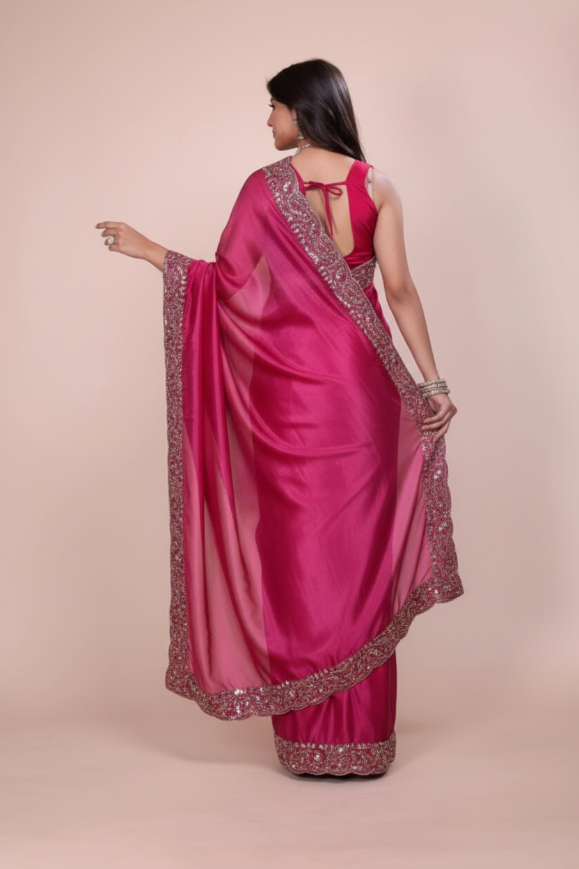Snuggle Spot Women's Jimmy choo Embellished Bollywood Saree With Unstitched Blouse 5.5Mtr (Red)