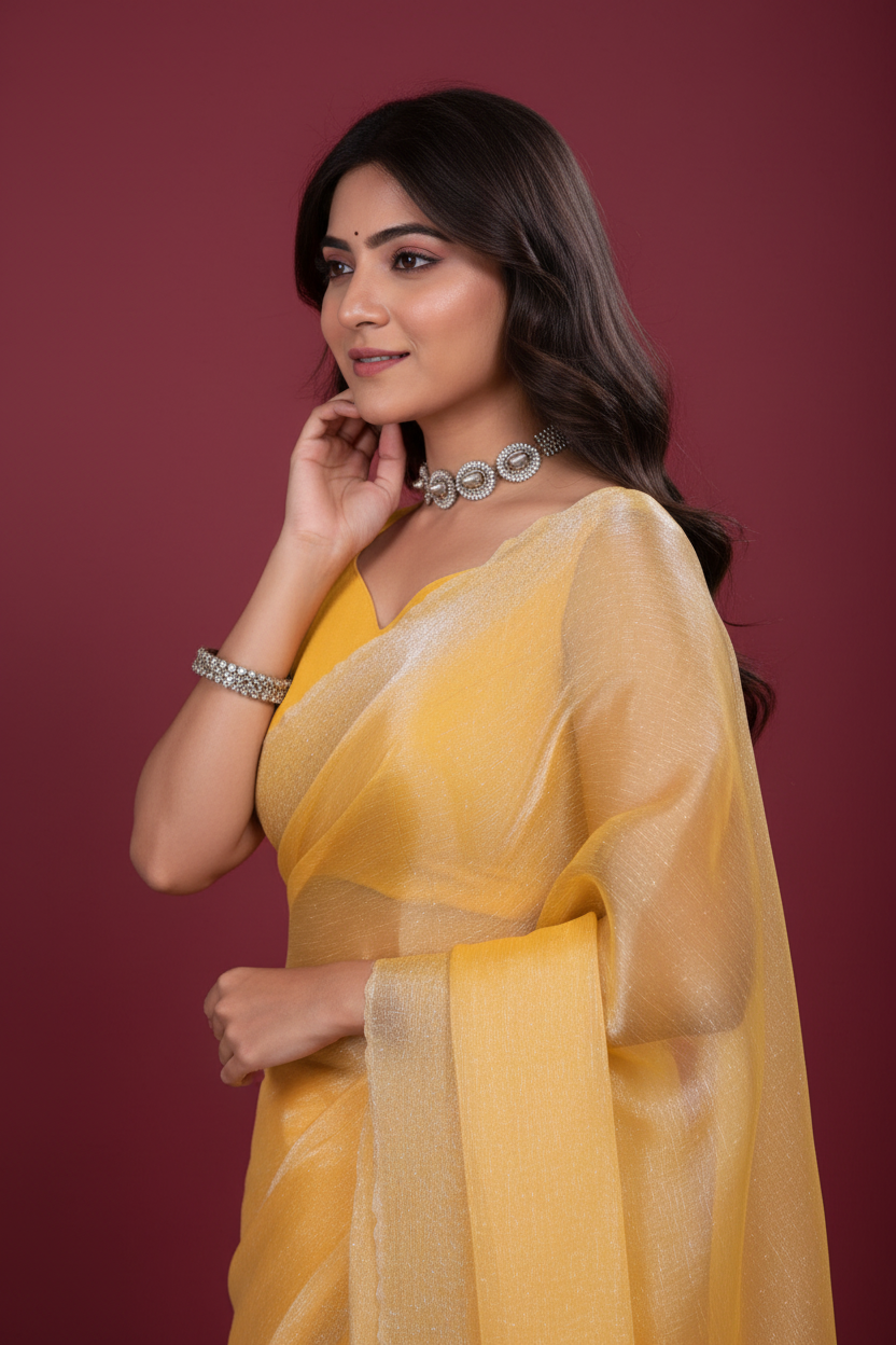 Snuggle Spot Women's Jimmy choo Embellished Bollywood Saree With Unstitched Blouse 5.5Mtr (Yellow)