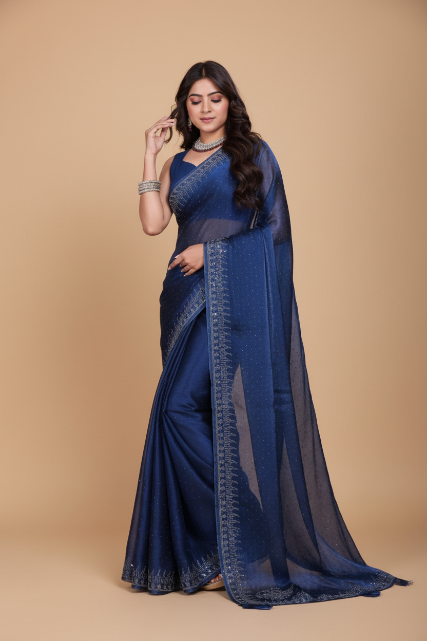 Snuggle Spot Women's Jimmy choo Embellished Bollywood Saree With Unstitched Blouse 5.5Mtr (Blue)