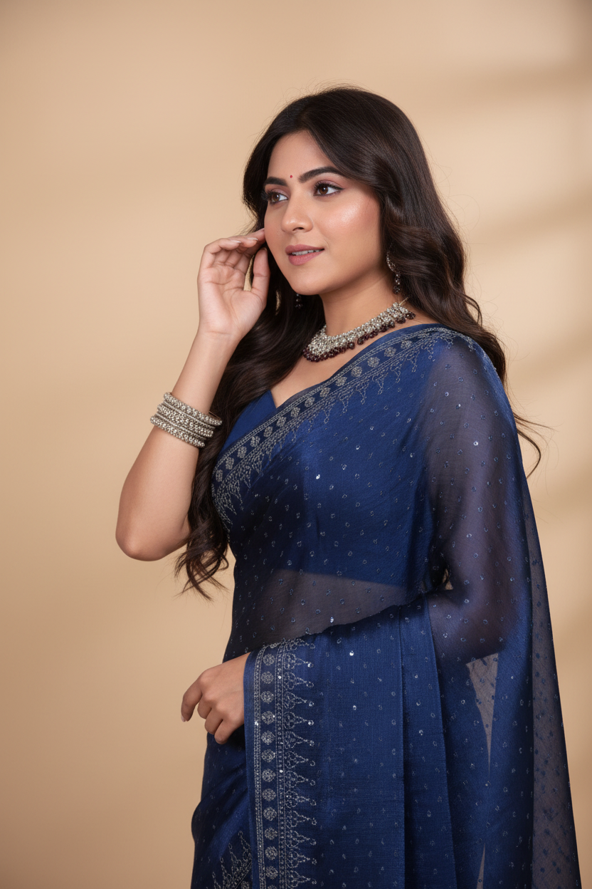 Snuggle Spot Women's Jimmy choo Embellished Bollywood Saree With Unstitched Blouse 5.5Mtr (Blue)