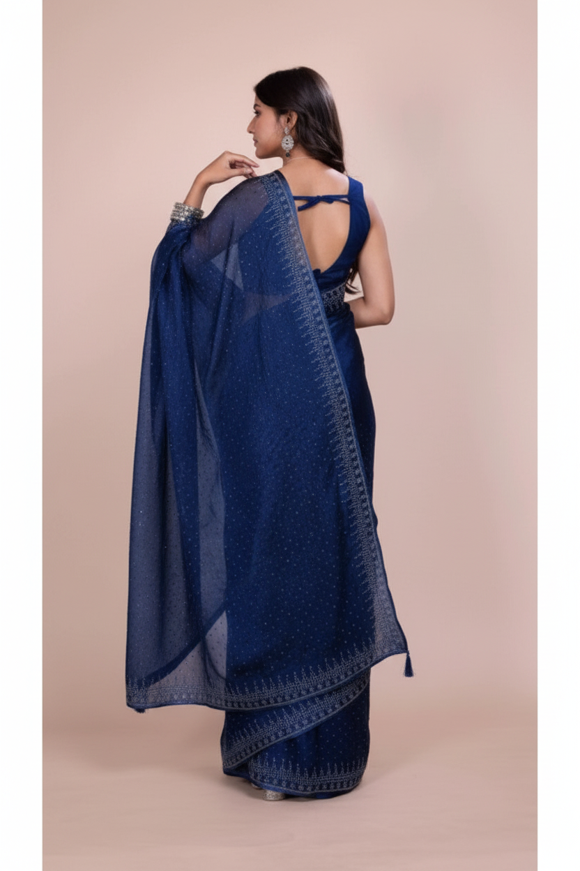 Snuggle Spot Women's Jimmy choo Embellished Bollywood Saree With Unstitched Blouse 5.5Mtr (Blue)