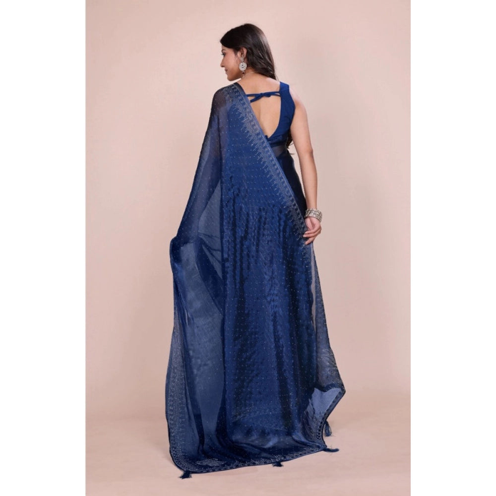 Snuggle Spot Women's Jimmy choo Embellished Bollywood Saree With Unstitched Blouse 5.5Mtr (Blue)