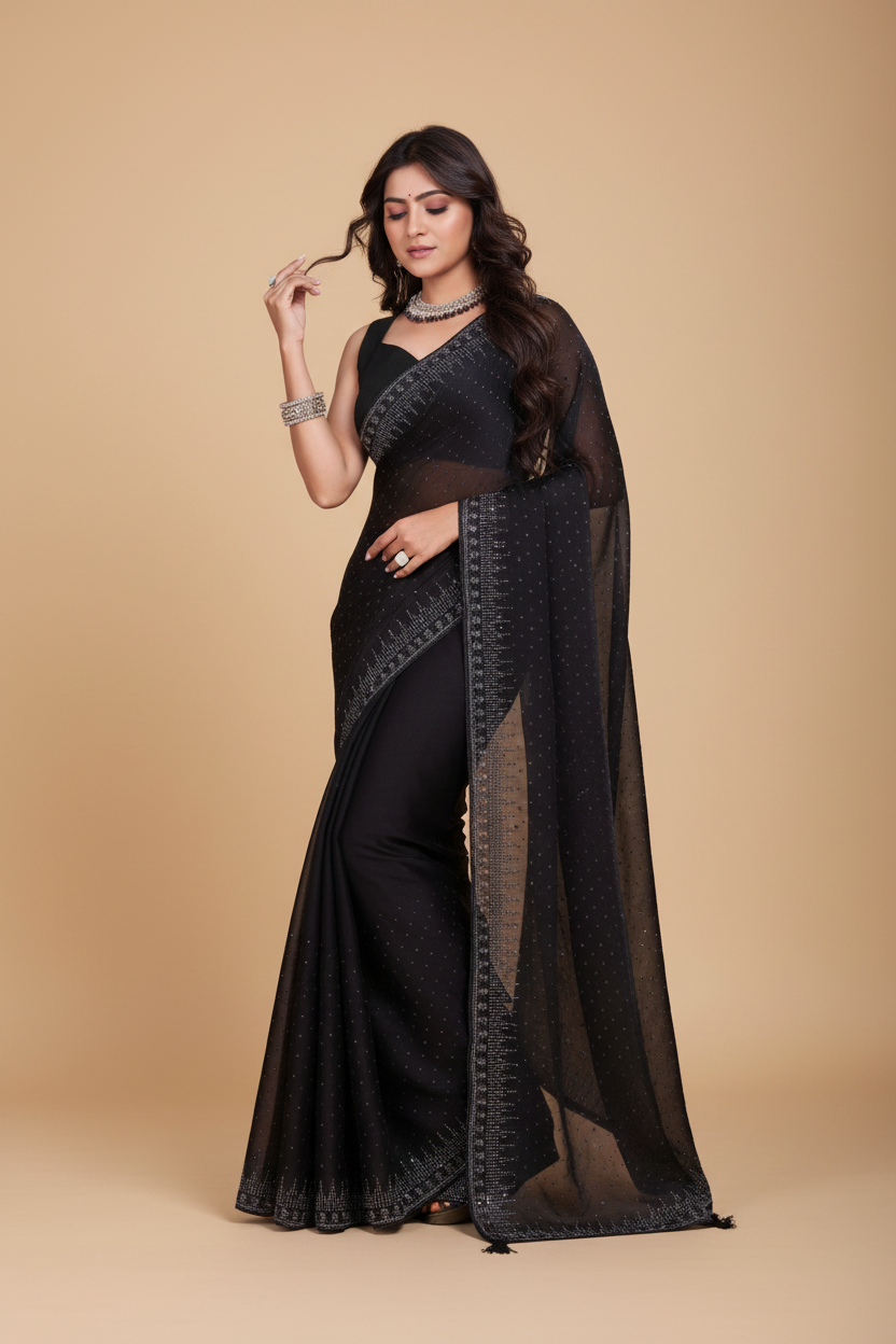 Snuggle Spot Women's Jimmy choo Embellished Bollywood Saree With Unstitched Blouse 5.5Mtr (Black)