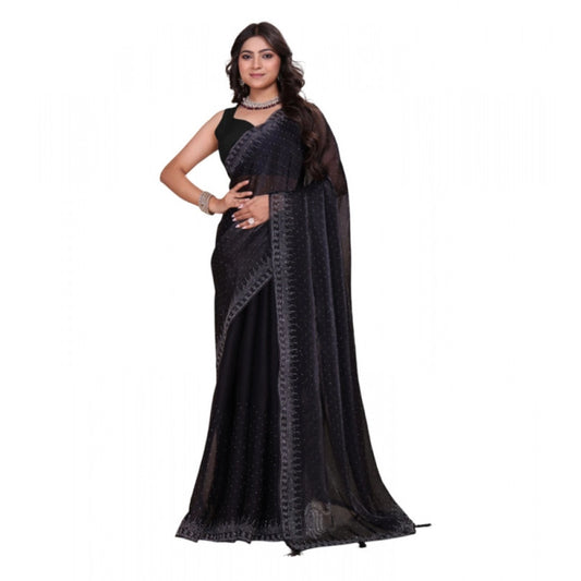 Snuggle Spot Women's Jimmy choo Embellished Bollywood Saree With Unstitched Blouse 5.5Mtr (Black)