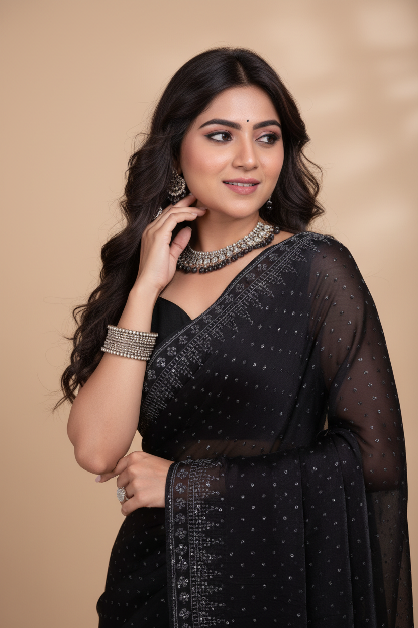 Snuggle Spot Women's Jimmy choo Embellished Bollywood Saree With Unstitched Blouse 5.5Mtr (Black)