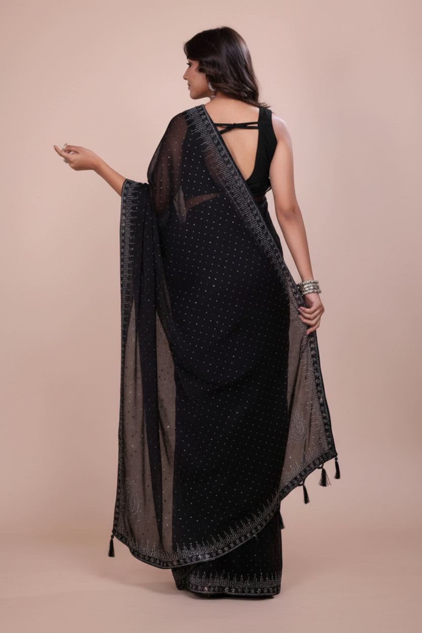 Snuggle Spot Women's Jimmy choo Embellished Bollywood Saree With Unstitched Blouse 5.5Mtr (Black)