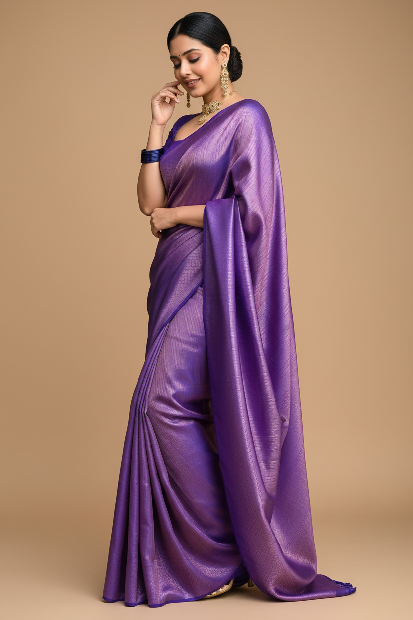 Snuggle Spot Women's Litchi silk Printed Saree With Unstitched Blouse (Purple)