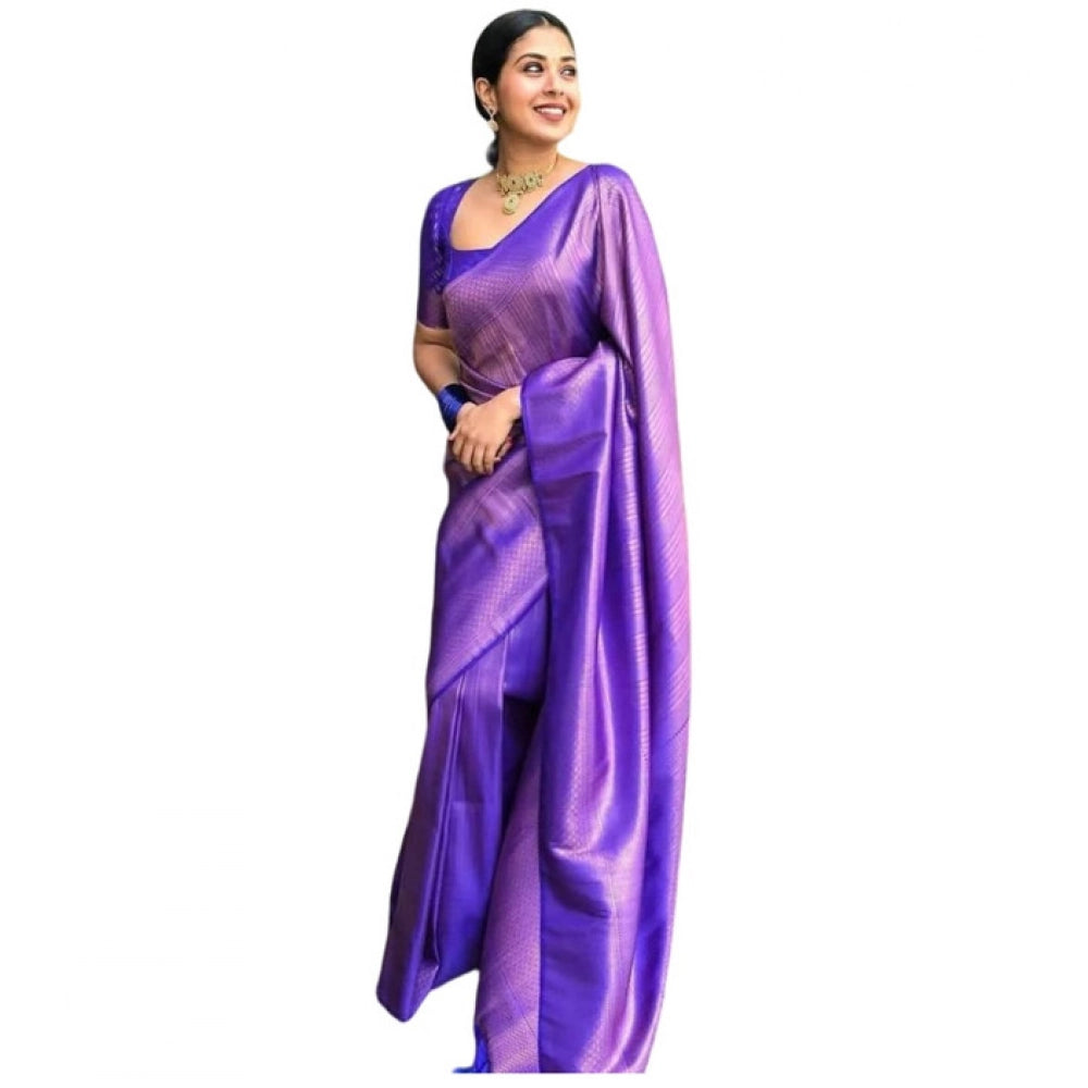 Snuggle Spot Women's Litchi silk Printed Saree With Unstitched Blouse (Purple)