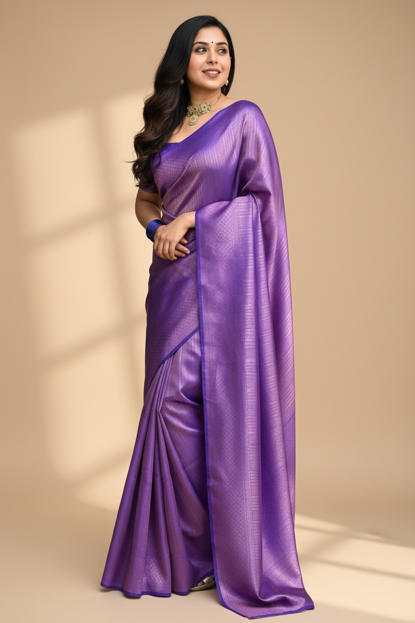 Snuggle Spot Women's Litchi silk Printed Saree With Unstitched Blouse (Purple)