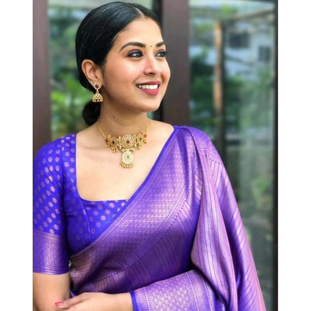 Snuggle Spot Women's Litchi silk Printed Saree With Unstitched Blouse (Purple)