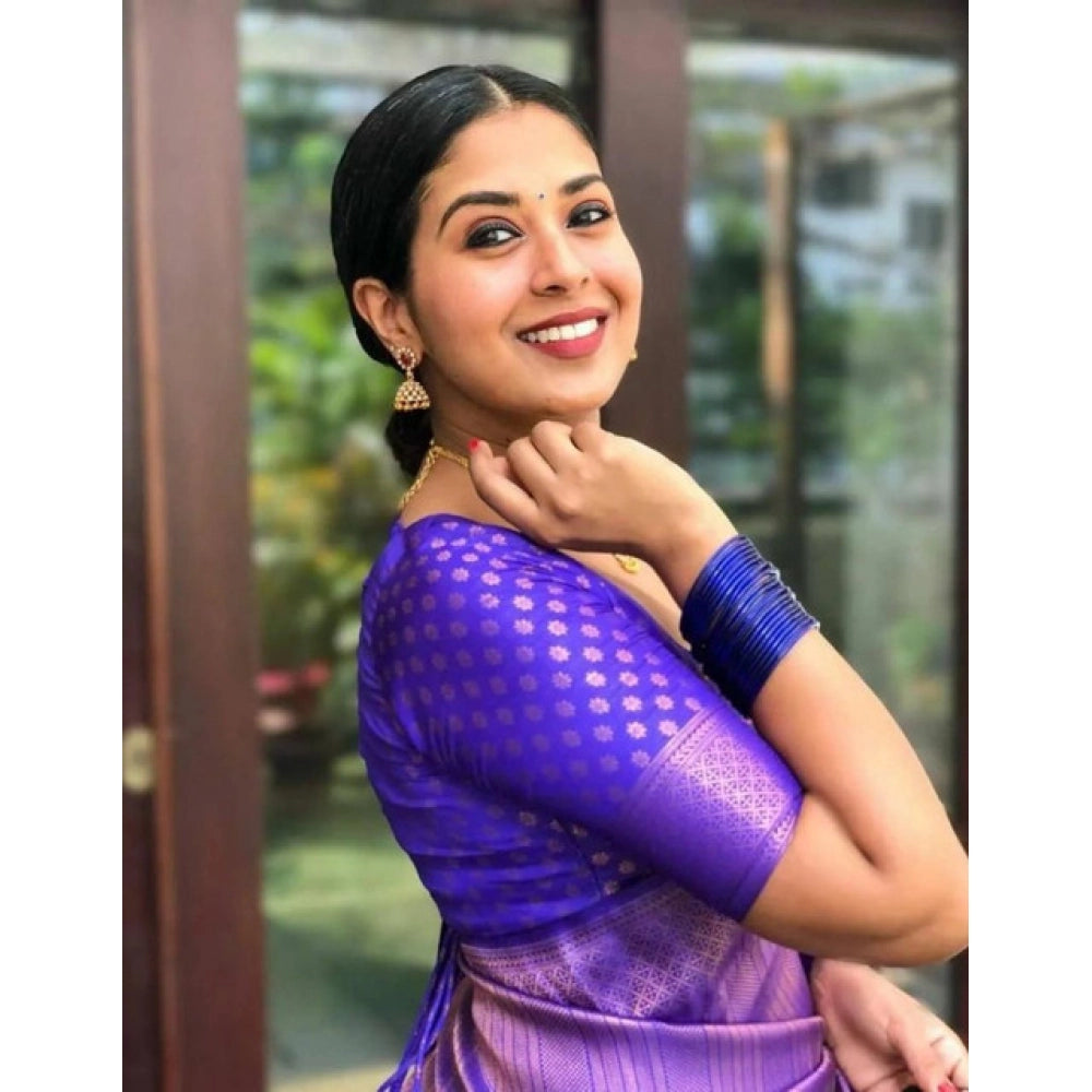 Snuggle Spot Women's Litchi silk Printed Saree With Unstitched Blouse (Purple)