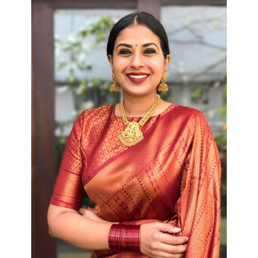 Snuggle Spot Women's Litchi silk Printed Saree With Unstitched Blouse (Red)