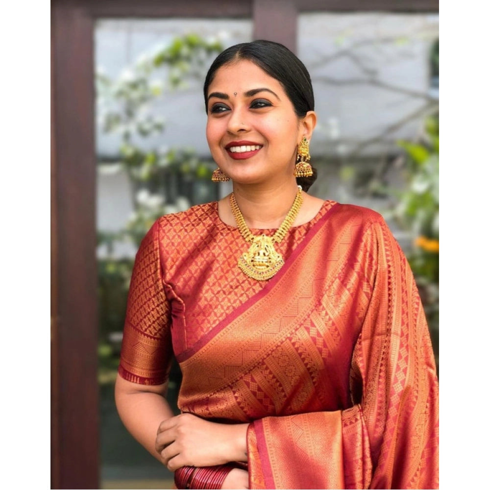 Snuggle Spot Women's Litchi silk Printed Saree With Unstitched Blouse (Red)