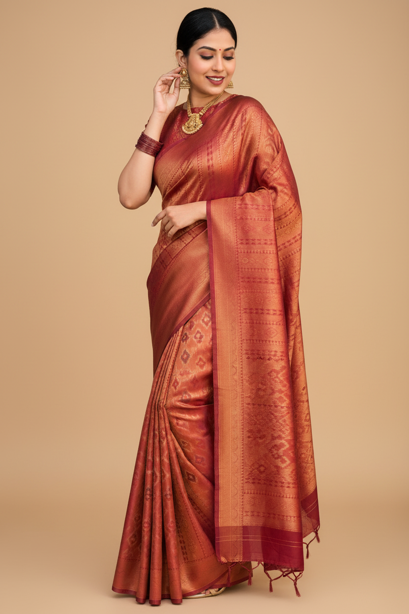 Snuggle Spot Women's Litchi silk Printed Saree With Unstitched Blouse (Red)