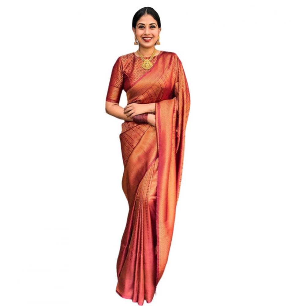 Snuggle Spot Women's Litchi silk Printed Saree With Unstitched Blouse (Red)