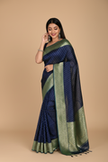Snuggle Spot Women's Litchi silk Printed Saree With Unstitched Blouse (Blue)