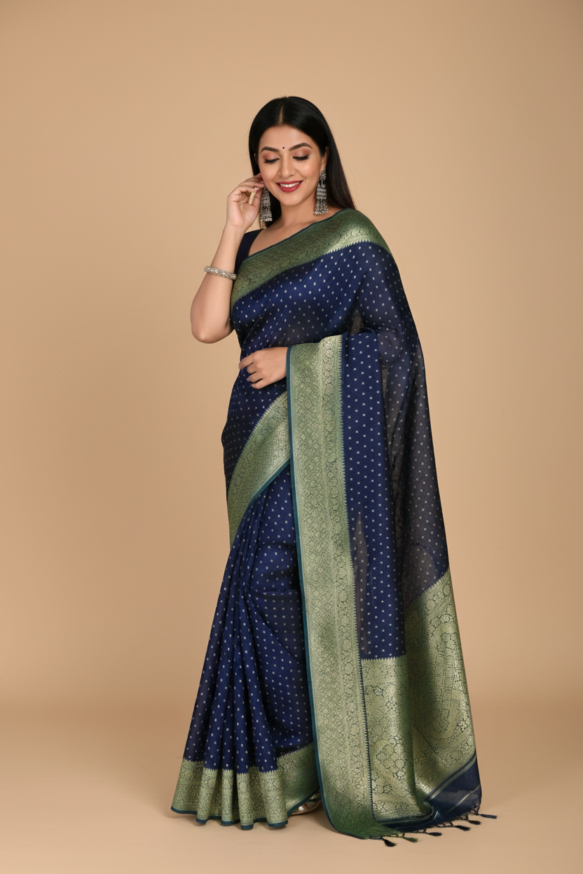 Snuggle Spot Women's Litchi silk Printed Saree With Unstitched Blouse (Blue)