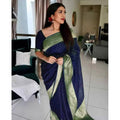 Snuggle Spot Women's Litchi silk Printed Saree With Unstitched Blouse (Blue)